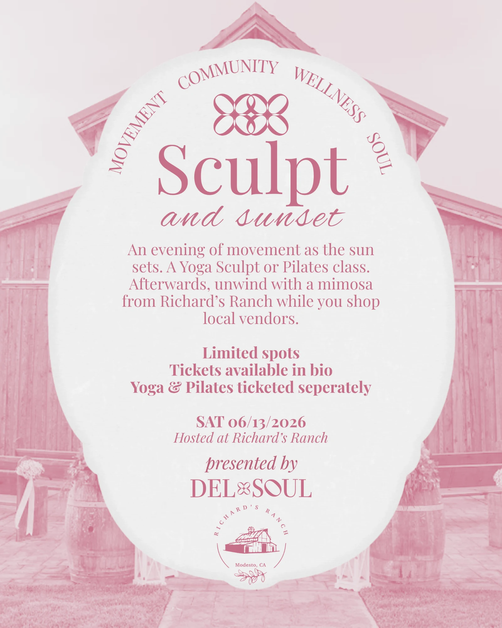 Pink and white Del Soul event design for the “Sculpt and Sunset” wellness experience featuring Pilates, yoga, vendor shopping, and mimosas at Richard’s Ranch.